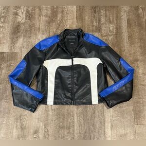 NEW LOOK Lioness Nueve Biker Jacket Black/Blue Faux leather Womens size large